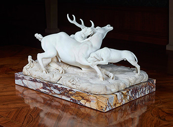 Francesco Antonio Franzoni (1734-1818), Two Hounds Attacking a Deer, ca. 1794, marble, 18 x 31 x 21 in. The Huntington Library, Art Collections, and Botanical Gardens.