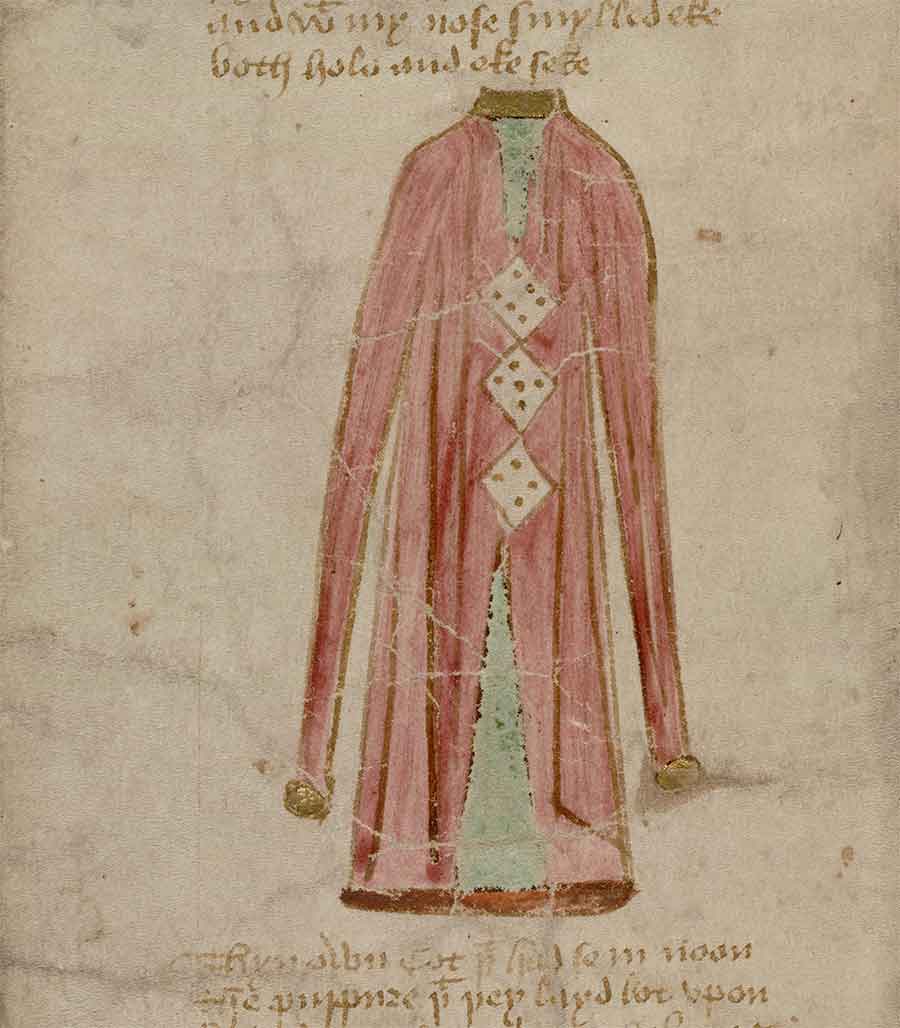 This detail from the manuscript shows Christ’s garment, along with the dice that Roman soldiers are said to have used to gamble for it. In the “O Vernicle” stanza below the garment, these objects are used to help protect the speaker from wearing or coveting inappropriate clothing.