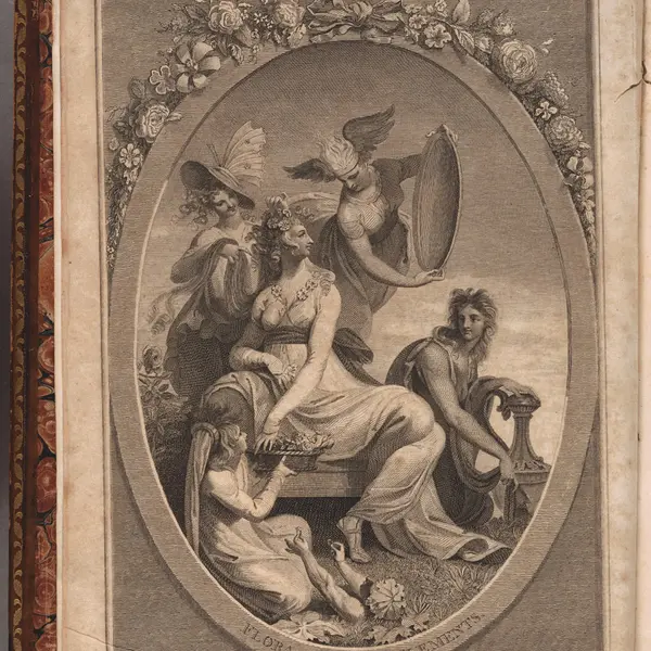 A grey-hued drawing of a Roman goddess surrounded by angels.
