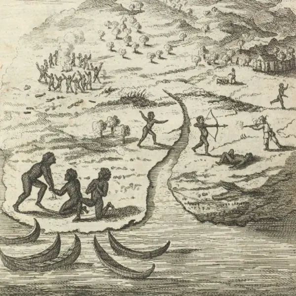 An 18th century book drawing of people at the mouth of a river and mountains in the background.