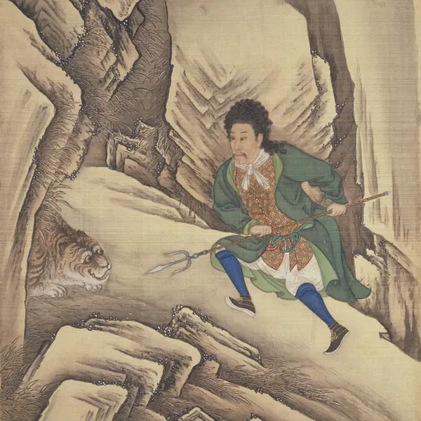 Painting of a Chinese prince, in European clothing, approaching a tiger in a cave.