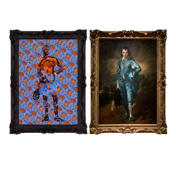 Two framed artworks side-by-side, one of a white boy in blue clothing, the other of a black man on a floral background.