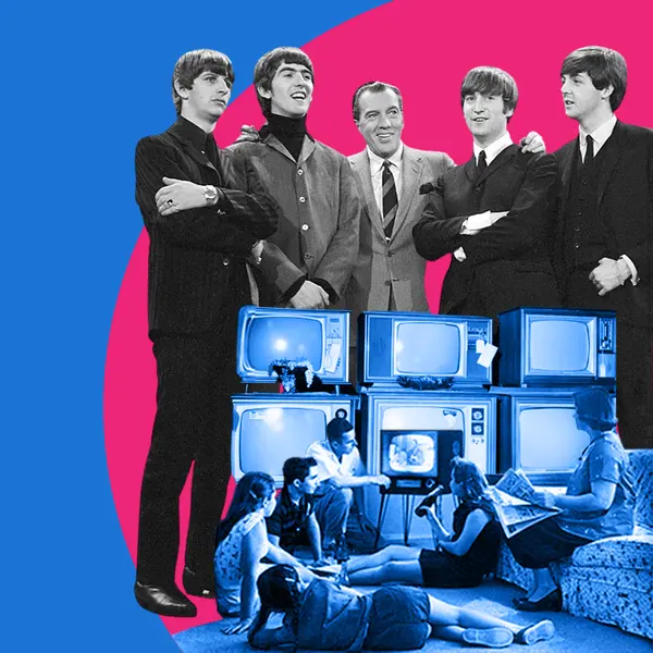 Cutout of the Beatles and Ed Sullivan and a cutout of a family watching a small TV.