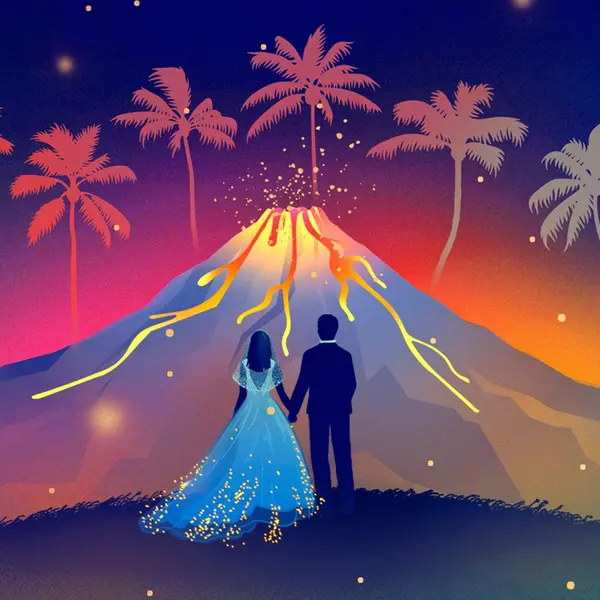 Illustration of a volcano, palm trees, and a couple in wedding outfits.