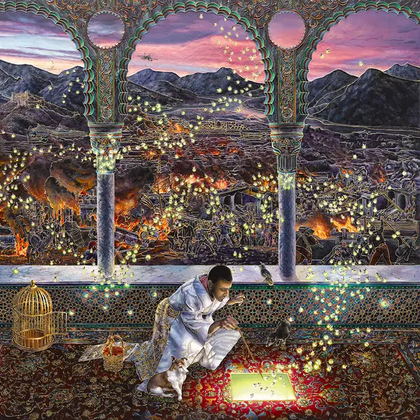 An enamel artwork featuring a person and a dog looking at a glowing square on an ornate carpet.