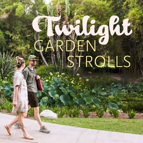A couple walks in a garden, text reads "Twilight Garden Strolls."