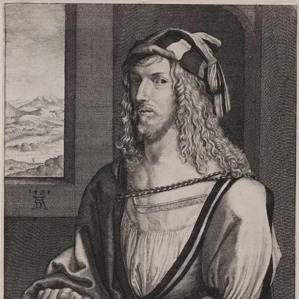 An engraving of a young man in medieval clothing with gloved hands clasped together.