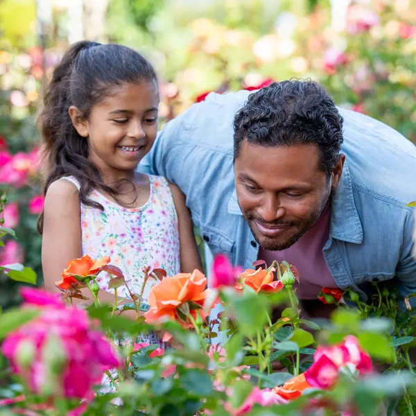 A young girl and adult man smile as they smell colorful roses in a garden.