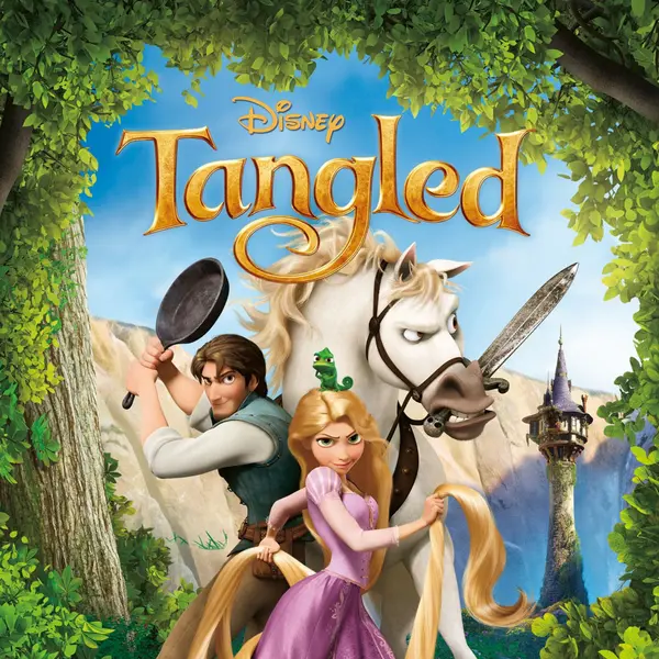 A movie poster reading "Disney, Tangled" featuring a person in a purple dress with long golden hair. Behind her a man raises a frying pan and a horse carries a sword in it's mouth.
