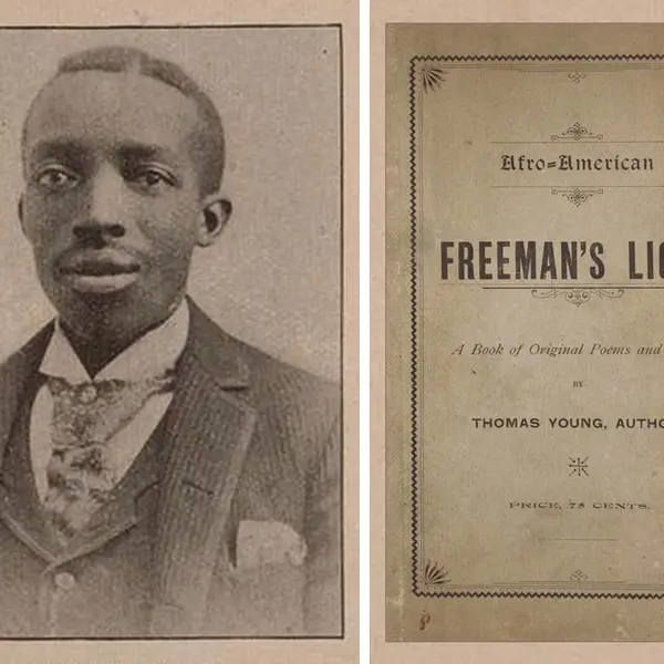 Black-and-white photo of Thomas Young (left) and the “Afro-American Freeman’s Light” book cover.