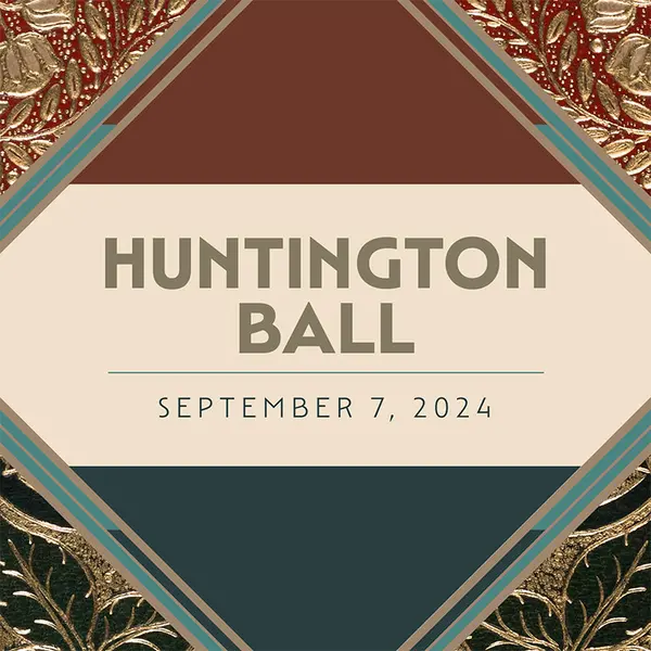 The text "Huntington Ball" and "September 7, 2024" sits in the middle of a lattice background of gold and burgundy flowers and leaves.