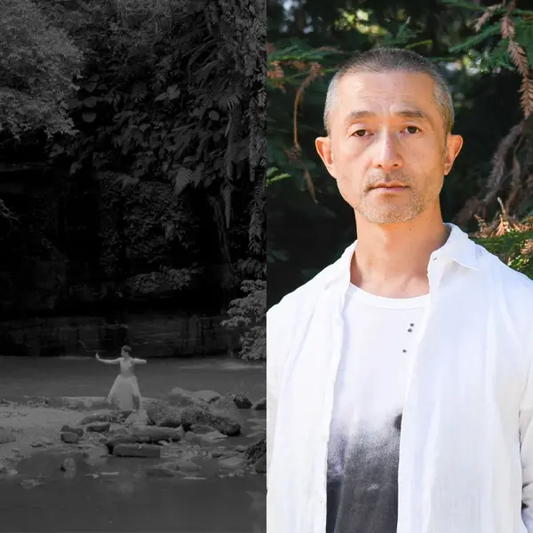 A black-and-white image of a person near a cave with water and plants (left) and a color portrait of a person with short hair who is wearing a white shirt.