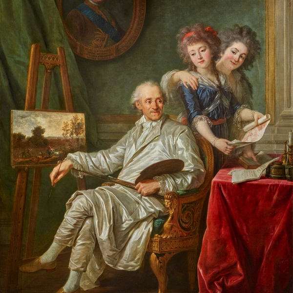 A painting of an older man wearing a white coat, seated near an easel. Behind him are two women, looking at a scroll.