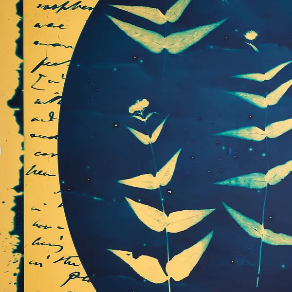 A cyanotype imprint of leaves over a handwritten letter.