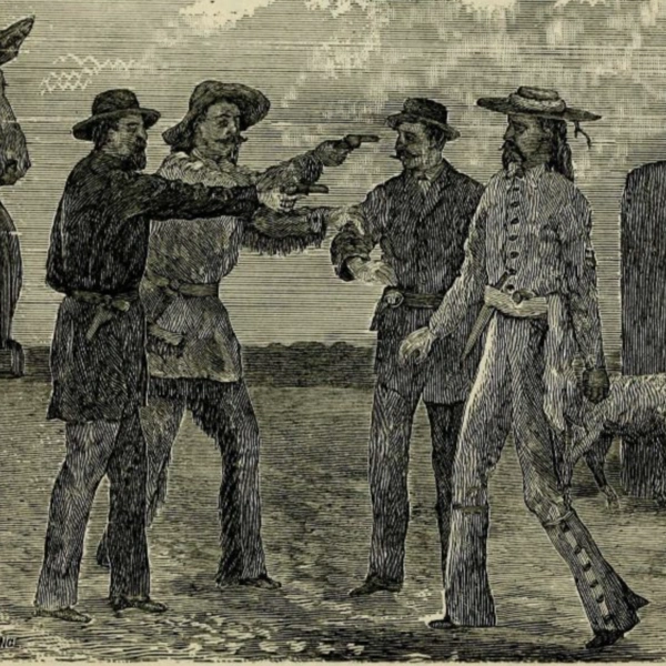 Pencil drawing of two men in hats pointing guns at another two people outside of a barn.