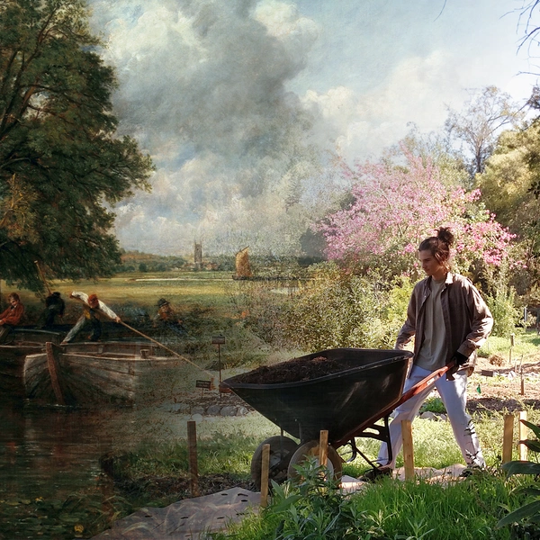 A composite image, on left a cropped painting depicting people cleaning a river, on right a photo of a person with a wheelbarrow in a garden.