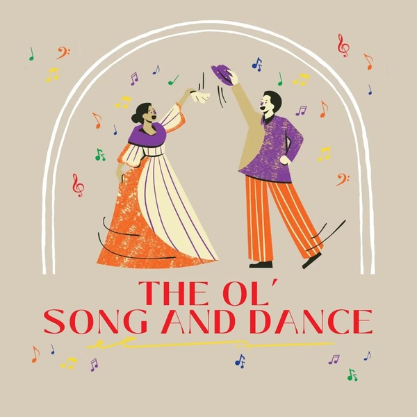 Two people dancing in a drawing of purple and orange hues. Text below says, “Join the GFBLA Concert Band for the Ol’ Song and Dance.”