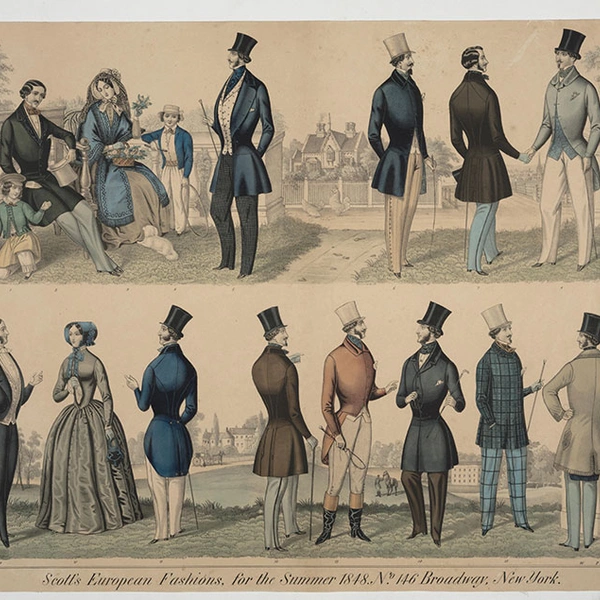 An advertisement that shows men and women in the fashion of 1848.