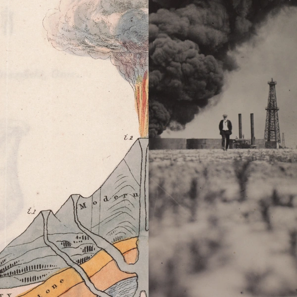 A composite image, on left a detail of an illustration of a volcano, on right a photo of a person walking away from an oil fire.