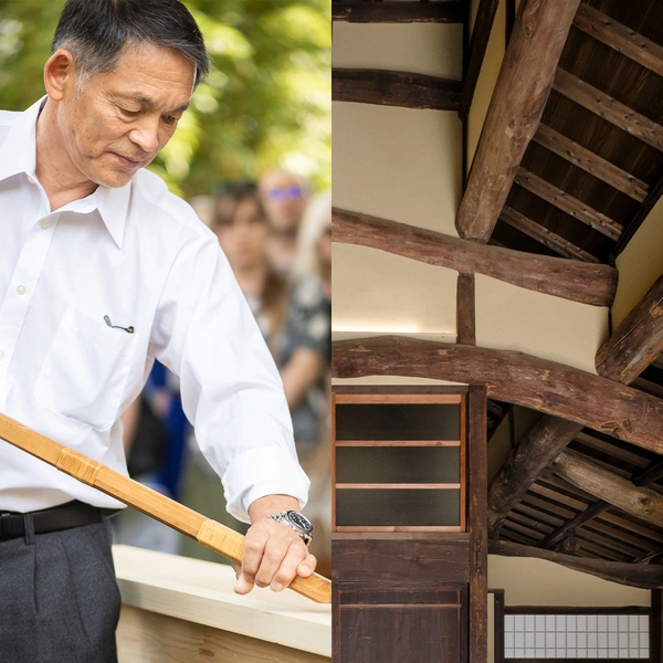 A collage of a person in a white shirt, holding a tool, and a view of exposed wood beams in the architecture of a traditional Japanese building. 