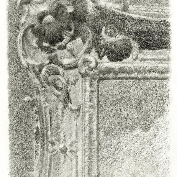 A pencil sketch of the corner of an ornate artwork frame.