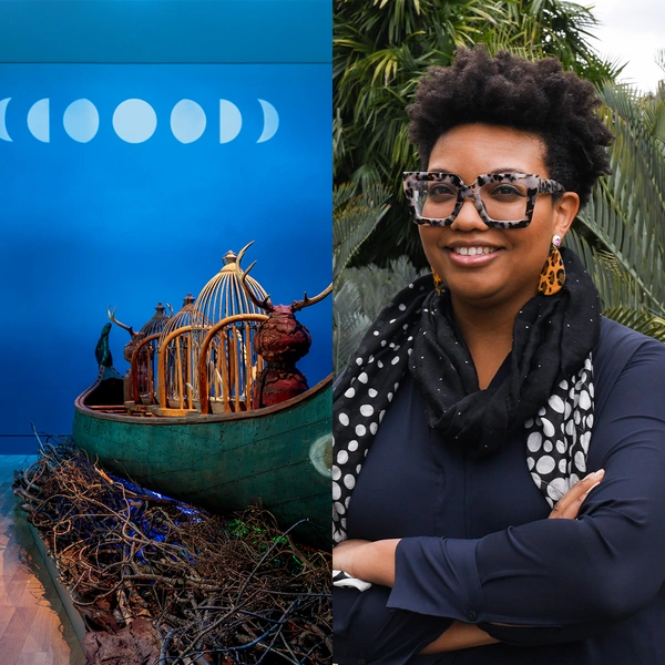 A composite image, on left a canoe surrounded by branches and filled with wooden objects in a blue room, on right a smiling person with glasses.