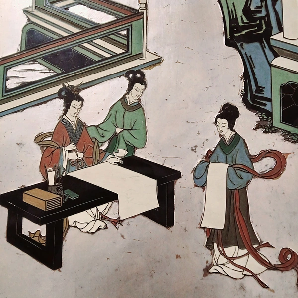 Chinese painting of three women preparing to write on parchment scrolls.