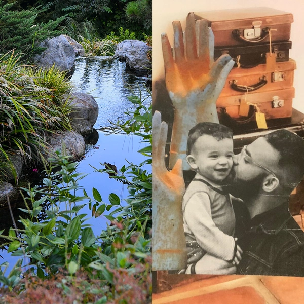 A photograph of a stream in a garden (left) and a collage depicting a man and child, a stack of suitcases, and open hands.