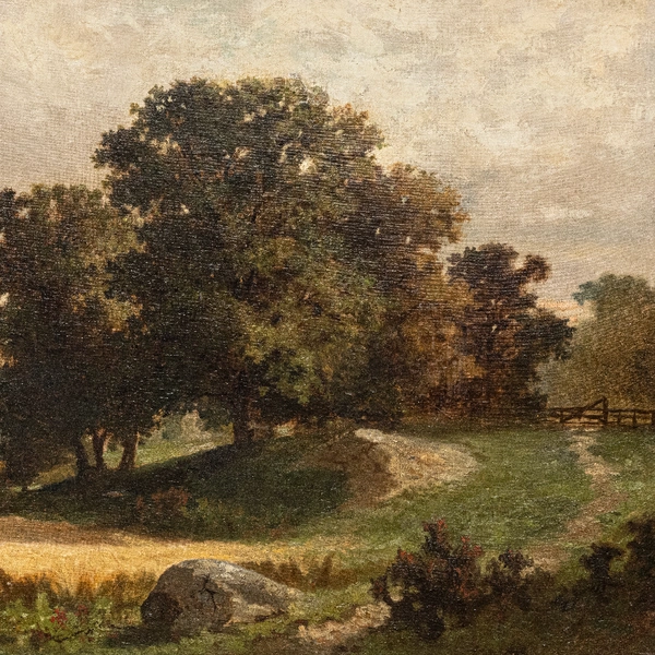 Painting of oak trees on a hill near a path with a wooden gate.