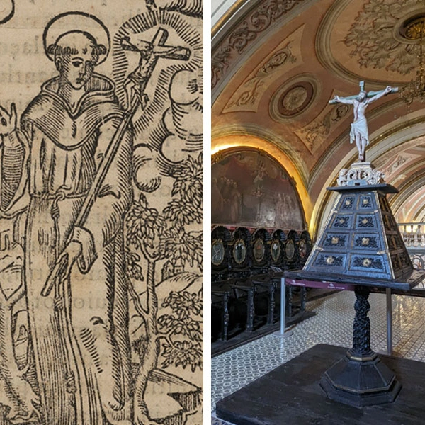 Three images, from left to right, an illustration of a religious figure holding a cross, a statue of Christ on the cross in a church, and a detail view of music notes on a page.