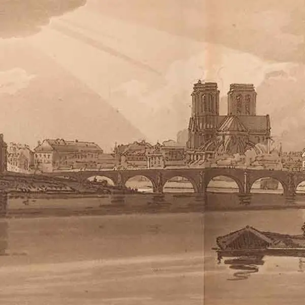 Aquatint of Notre Dame cathedral in Paris