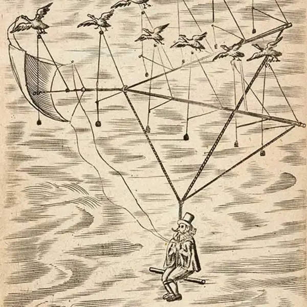 Picture of a flying machine, powered by geese, in Francis Godwin’s The Man in the Moone, 1657, one of the books read by the lunatic Doctor Baliardo in Aphra Behn’s play The Emperor of the Moon, 1687. The Huntington Library, Art Museum, and Botanical Gardens.