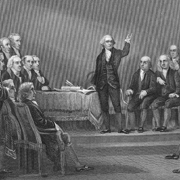 Detail of engraving showing George Washington presiding over the Constitutional Convention of 1787 in Philadelphia