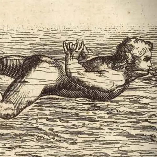Historical print of man swimming through water