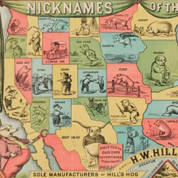 Detail of map of the USA with agricultural nicknames