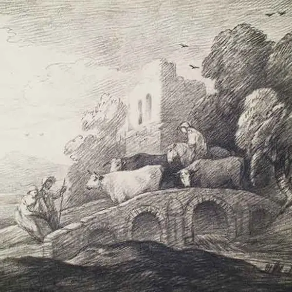 Etching of cattle walking over bridge