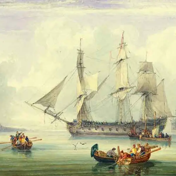 Watercolor of sailors and ship