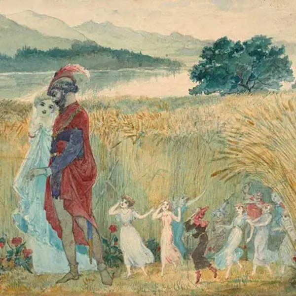 The Eavesdroppers, by Charles Altamont Doyle, a painting of a prince and princess in a field with fairies at their feet