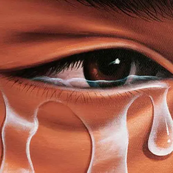 Closeup of a painting of a crying eye