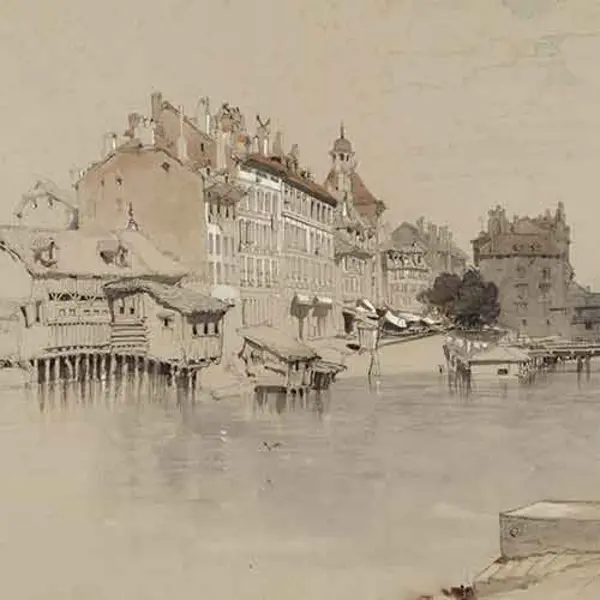 Watercolor painting depicting a townscape 