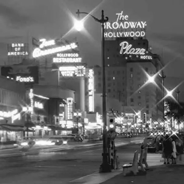 Vine Street at Sunset Boulevard, at Night, July 27, 1948. Photograph by Bob Plunkett. Ernest Marquez Collection. The Huntington Library, Art Museum, and Botanical Gardens.