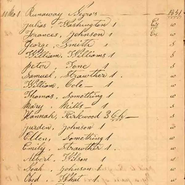 Pages 96 and 97 in Shugart’s account book (1851–53) listing enslaved people he helped usher to freedom.