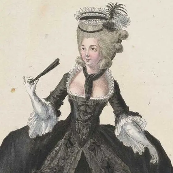 Fashion plate of lady in 18th century mourning dress