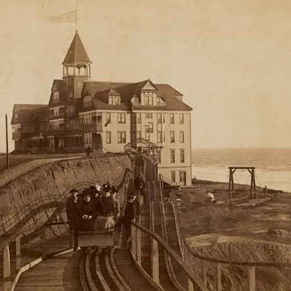 Passengers riding the Thompson Switchback Gravity Railroad from the Arcadia Hotel into Santa Monica, ca. 1887. Photograph by E. G. Morrison.