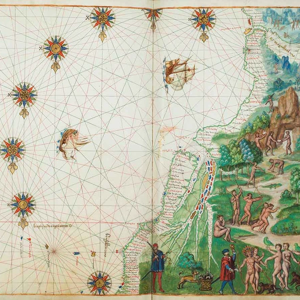 Le vrais Bresil es province du Quito (The true Brazil, a province of Quito), in Vallard Atlas, Dieppe (France), 1547, tempera, gold paint, gold leaf, and black ink on parchment, 14 ½ × 18 ¾ in. The Huntington Library, Art Collections and Botanical Gardens.