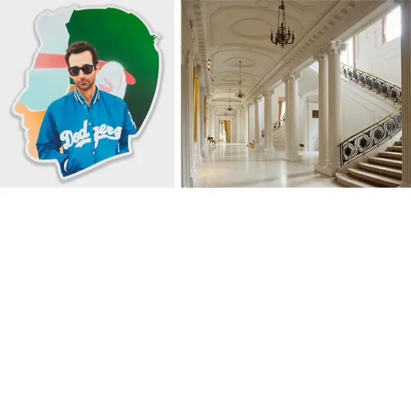 Left to right: Alex Israel, Self Portrait (Dodgers), 2014‒2015, acrylic and bondo on fiberglass, 96 × 84 × 4 in. Collection of the artist. Photo: Joshua White; Grand hallway of the Huntington Art Gallery. Photo: Tim Street-Porter.