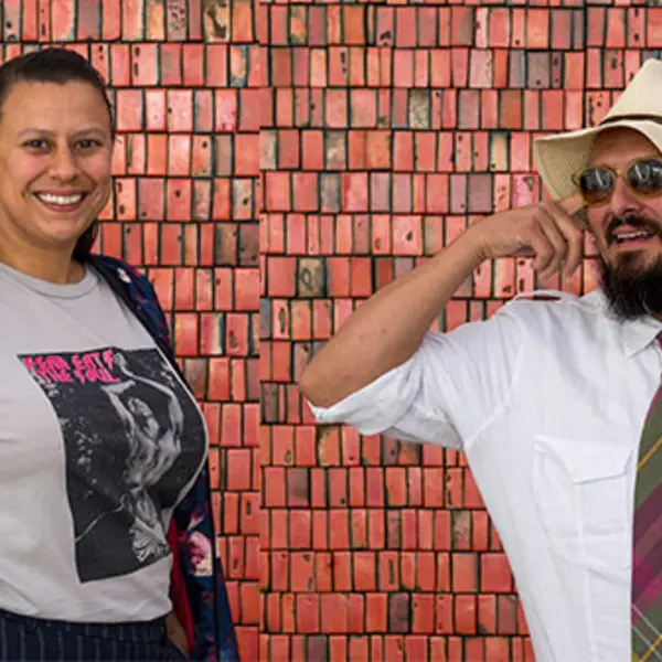 Left: Carolina Caycedo at The Huntington Library, Art Collections, and Botanical Gardens. Photo: Kate Lain. Right: Mario Ybarra Jr. at The Huntington Library, Art Collections, and Botanical Gardens. Photo: Kate Lain.