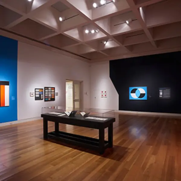 Installation view of “Frederick Hammersley: To Paint without Thinking” at The Huntington Library, Art Collections, and Botanical Gardens.