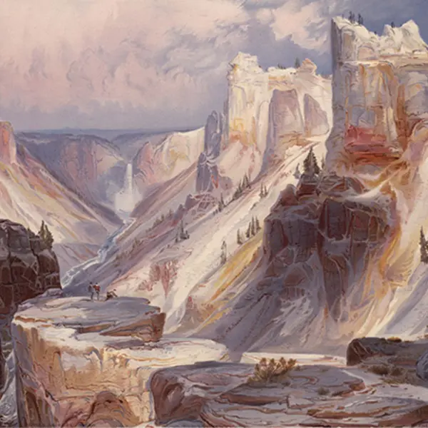 Thomas Moran, “Grand Canyon of the Yellowstone,” chromolithographic reproduction of a watercolor sketch, as published in Ferdinand V. Hayden, The Yellowstone National Park, and the mountain regions of portions of Idaho, Nevada, Colorado and Utah. Boston, 1876. The Huntington Library, Art Collections, and Botanical Gardens.