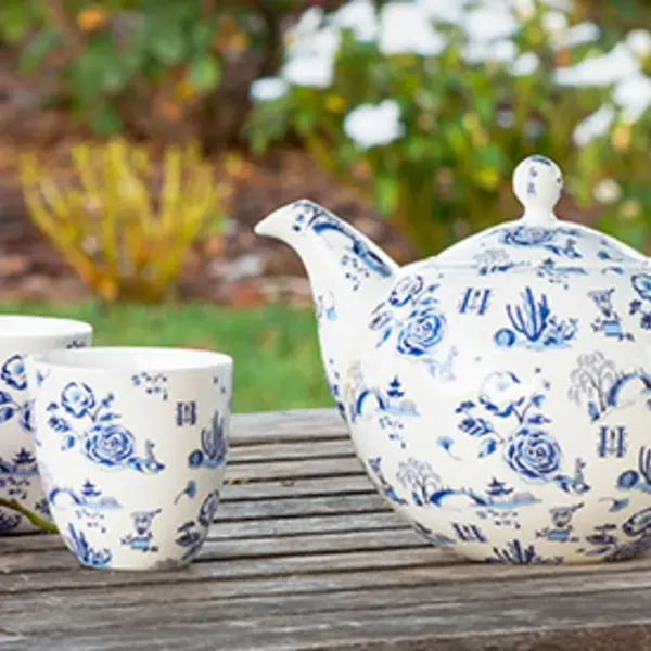 Garden Toile Tea Set  $150. Design by artist Mariko Jesse, using icons from The Huntington’s gardens.